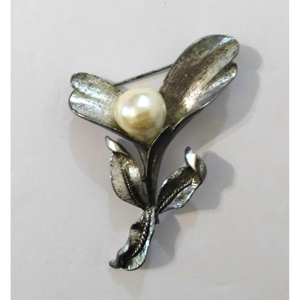 Vintage Floral Brooch Faux Pearl Accent Silver Tone  3" X 2.5"